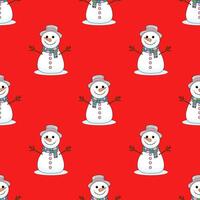 Seamless Christmas pattern with snowmen. Winter pattern for the new year on a red background vector