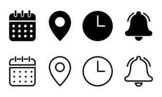set of Place, Time, Date and Notification line icons. Calendar, address location pointer and alarm bell. Notice alert, business schedule and office time clock. Location place, date reminder. vector