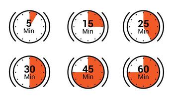 Timer, clock, stopwatch set icons. Countdown timer symbol icon set. Label cooking time. 5, 15, 25, 30, 45, and 60 minutes. vector