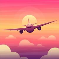 Airplane in the sky with clouds at sunset vector
