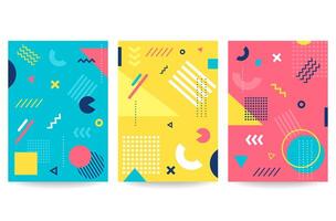 Memphis geometric backgrounds with abstract shapes. Graphic pattern, texture for poster, card, social media covers vector