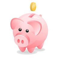 Cute pink piggy bank with coin isolated on white vector