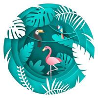 Toucan, Parrot and Flamigo Bird in the tropical forest. Paper art style vector