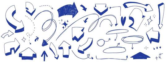 Set of handdrawn scribble arrows. Squiggly line strokes. Doodle elements. Infographic decoraring set. Collection of guides. Blue Pen lines at the white background vector