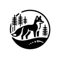 A black and white logo of a fox in the forest vector