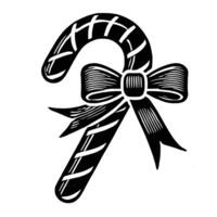 A black and white drawing of a candy cane with a bow vector
