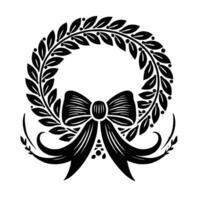 A black and white illustration of a wreath with a bow vector
