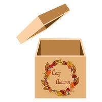 Gift box with open lid and autumn decoration vector