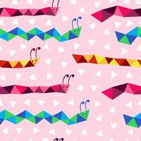 Mosaic triangle shape snakes seamless print. Snakes on pink background. Colorful snakes. White triangles. vector