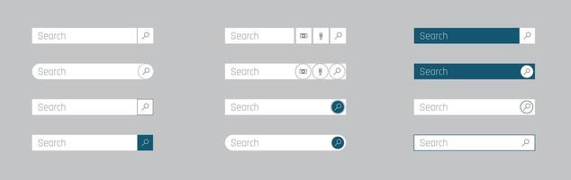 Various modern search bar designs displayed on a neutral background showcasing diverse styles and functionalities in user interface design. vector