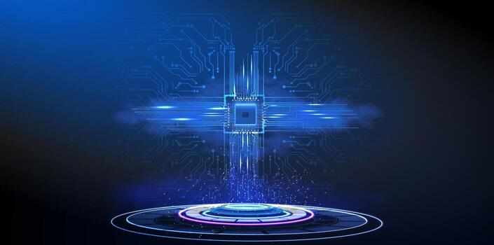 digital tecnología resumen un azul circuito diseño y brillante elementos a noche. vector