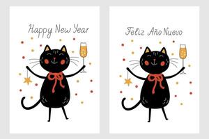 Greeting card with a funny, festive black cat holding a glass of champagne. Hand drawn lettering Happy New Year in Spanish and English vector