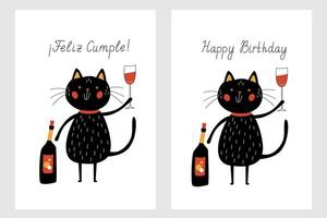 Greeting card featuring a funny, joyful black cat with a bottle of wine and a glass of wine. Hand drawn lettering with birthday greetings Happy Birthday in both Spanish and English vector