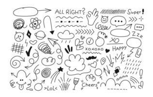 Set of doodle elements with arrows, speech bubbles, decorative objects and icons. Hand drawn ink pen elements. Simple sketch symbols isolated on a white background. Line art. vector