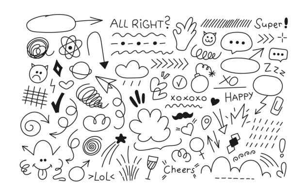 Set of doodle elements with arrows, speech bubbles, decorative objects and icons. Hand drawn ink pen elements. Simple sketch symbols isolated on a white background. Line art.