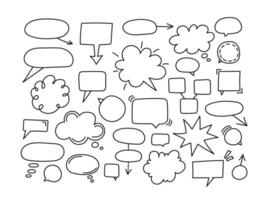 Set of blank doodle speech bubbles for communication or discussion. Hand drawn sketch elements. Think or talk clouds in different forms for social media, chats and more. Isolated objects on a white. vector