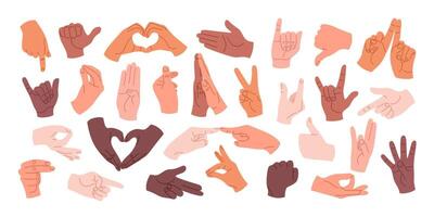 Set of human hands with different gestures and positions. Hands with different skin tones showing rock sign, high five, greeting and other signs. Isolated illustrations on a white background. vector