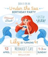 Mermaid birthday party invitation card. Vertical template with a mermaid princess and text for a kids' party. Happy birthday and underwater concept. Celebrating a fourth anniversary. vector