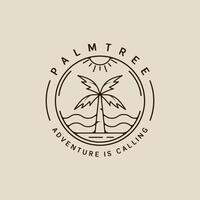 palm tree and ocean waves line art logo simple minimalist illustration template icon graphic design. coconut tree and sea wave sign or symbol for travel company with circle badge typography vector