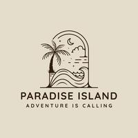 palm tree and ocean logo line art simple minimalist illustration template icon design. paradise island and coconut tree with beach at night sign or symbol and creative badge vector
