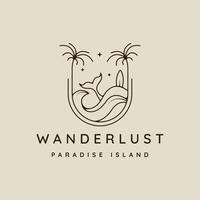 palm tree and whale tail logo line art simple minimalist illustration template icon design. paradise island and coconut tree with surfing beach at night sign or symbol and creative badge vector