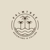 palm tree and ocean waves line art logo simple minimalist illustration template icon graphic design. coconut tree and sea wave sign or symbol for travel company with circle badge typography vector