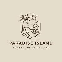 palm tree and whale logo line art simple minimalist illustration template icon design. paradise island and coconut tree with surfing beach sign or symbol and creative badge vector