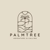 palm tree and ocean waves line art logo simple minimalist illustration template icon graphic design. coconut tree and sea wave with sun sign or symbol for travel company with badge vector