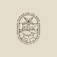 palm tree and surfing beach logo line art simple minimalist illustration template icon design. paradise island and coconut tree with whale tail sign or symbol and badge typography vector