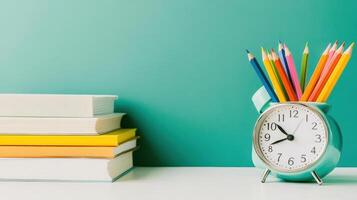 Creative study setup with books and colorful pencils in a turquoise clock holder photo