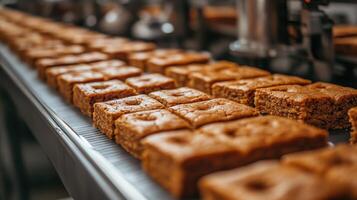 Rows of freshly baked square cakes on a conveyor belt in a bakery factory setting photo