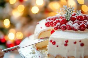 Festive holiday cake with red berries and cream icing on a table with warm lighting photo