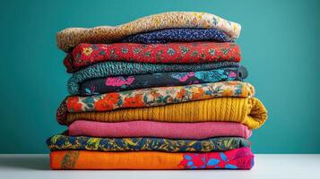 Stack of colorfully patterned folded fabrics against a teal backdrop for textile and home decor use photo