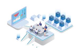 Modern Isometric Smart Online Webinar Training Technology Illustration in White Isolated Background With People and Digital Related Asset vector