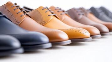 Elegant collection of men's leather shoes displayed in a row with focus on craftsmanship and style photo