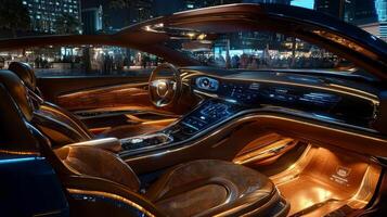 Interior of a current modern luxury car at night in city photo