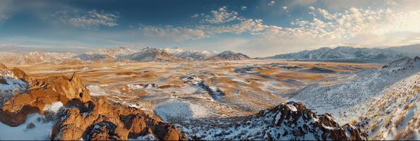 Panoramic drone view of snowy mountains photo