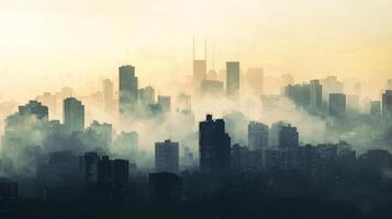 Smog Over a City Skyline, A hazy cityscape with thick smog blanketing skyscrapers, air pollution photo