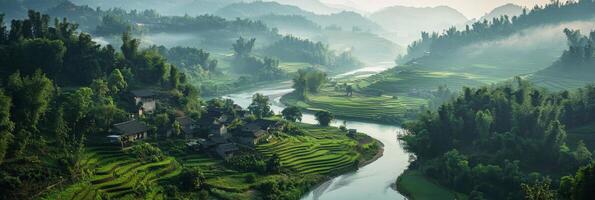 Aerial view of the rural countryside, with rolling hills, winding river, and small village photo