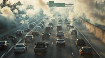 Aerial view of congested highway with visible exhaust fumes rising from cars, urban air pollution photo