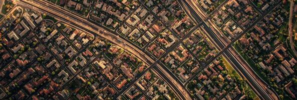 Urban Sprawl with Roads and Highways. A top-down drone view of a sprawling city, residential blocks photo