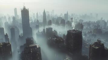 Smog Over a City Skyline, A hazy cityscape with thick smog blanketing skyscrapers, air pollution photo
