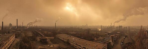 Drone shot of an industrial district with factories, power plants, and smokestacks. Polluted Sky photo