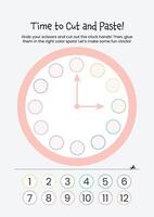 Flat design clock cut and paste worksheet activity for kids a printable clock puzzle game vector