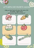 flat design cute colorful learn veggie vegetable word name printable worksheet for kids activity vector