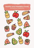 flat design sorting and circle healthy and unhealthy worksheet printable for kids education activity vector