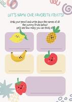 flat design cute colorful learn fruits word name printable worksheet for kids activity vector