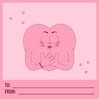 Valentine day card with text to, from and copy space. Lovely heart character in trendy retro groovy style. Pink colors. Perfect for social media content and more. vector