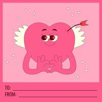 Valentine day card with text to, from and copy space. Lovely heart character with wings and cupids arrow in trendy retro groovy style. Pink colors. vector