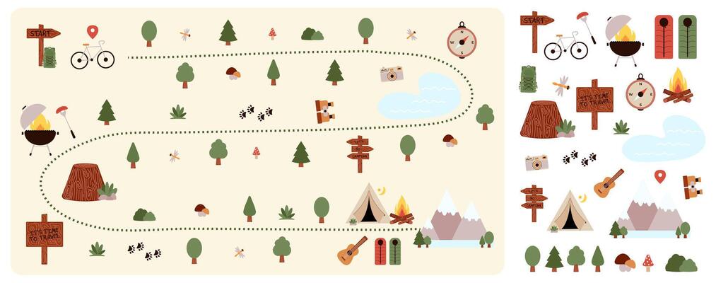Camping and Hiking map creator and set flat elements for creating childrens camp. Nature plan with mountains, bike, trees and other stickers for summer trip. illustration
